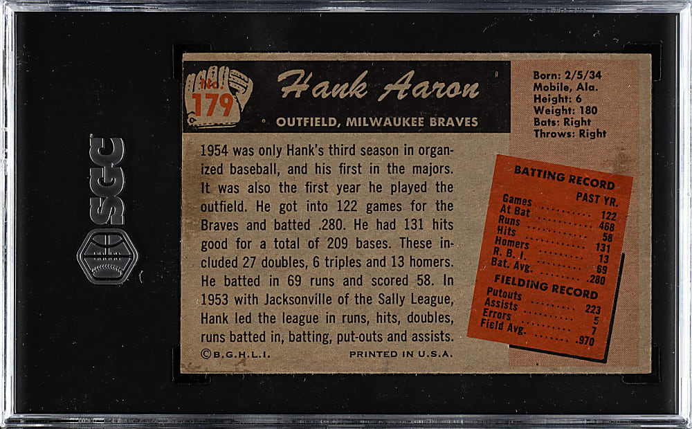 1955 Bowman #179 Hank Aaron SGC Authentic