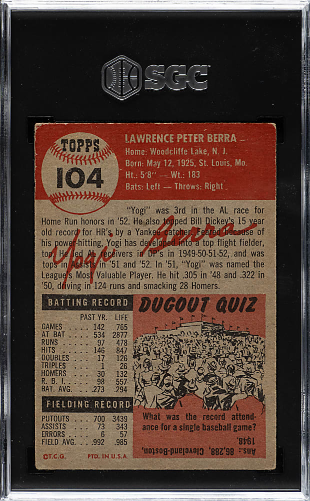 1953 Topps #104 Yogi Berra SGC VG+ 3.5