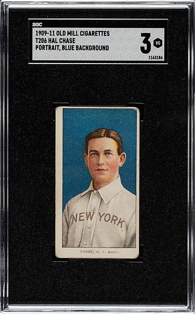 1909-1911 T206 White Border Hal Chase Portrait Blue Background SGC VG 3 - Old Mill Back