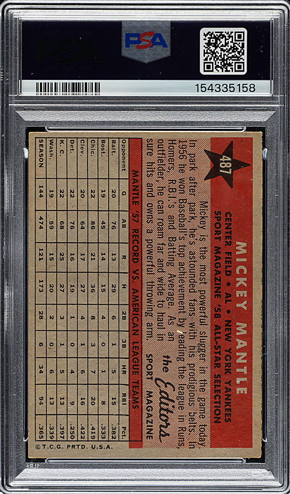 1958 Topps #487 Mickey Mantle All-Star PSA VG-EX 4