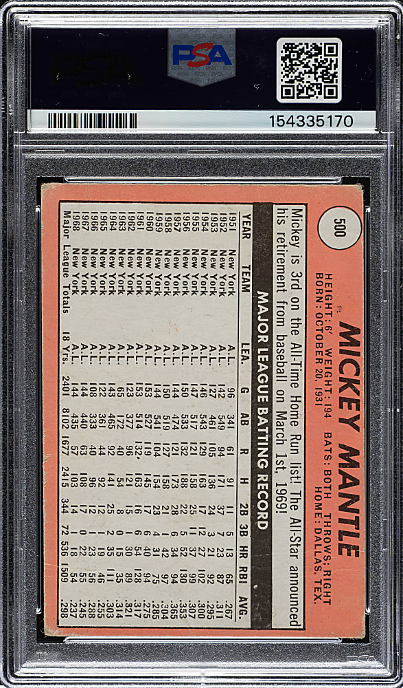 1969 Topps #500 Mickey Mantle PSA FAIR 1.5