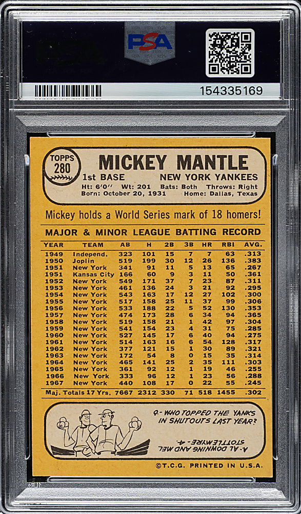 1968 Topps #280 Mickey Mantle PSA VG-EX 4