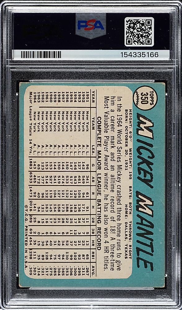 1965 Topps #350 Mickey Mantle PSA VG 3
