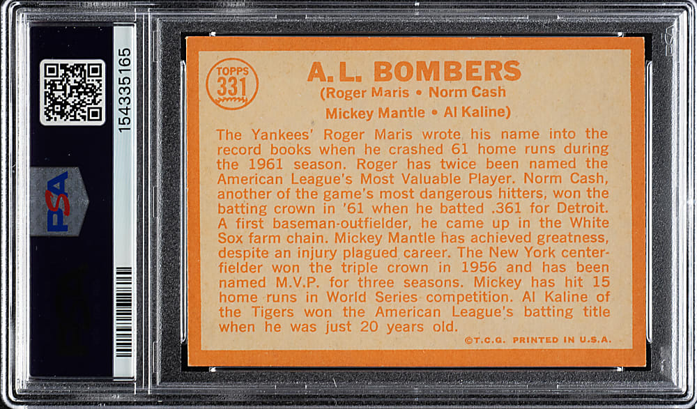 1964 Topps #331 A. L. Bombers with Mantle, Maris, and Kaline PSA NM 7