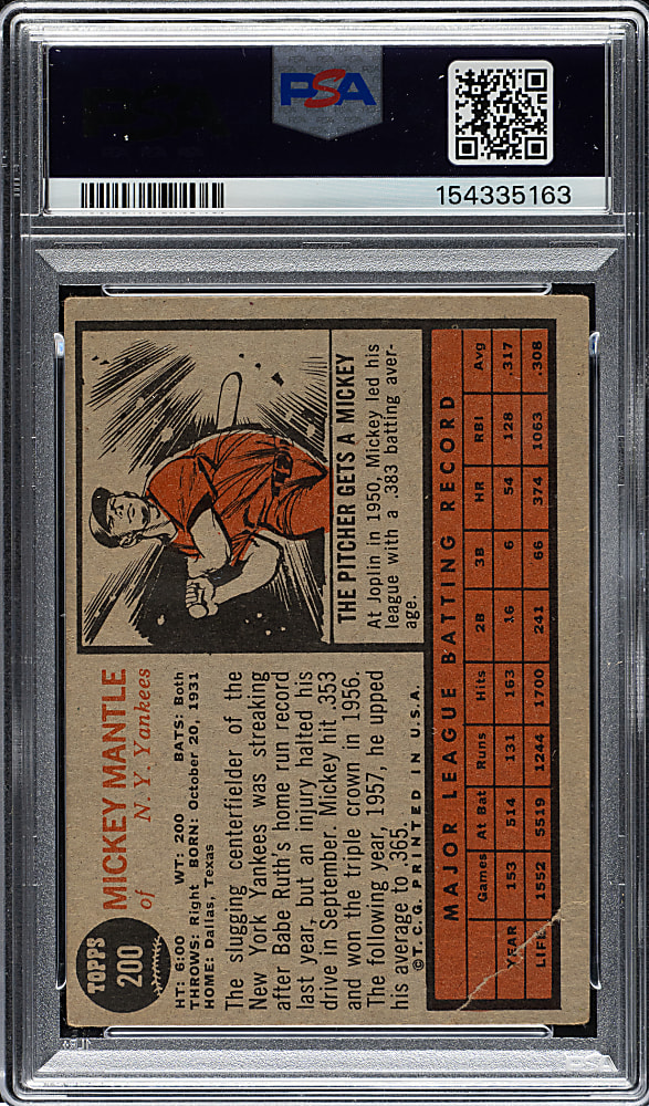 1962 Topps #200 Mickey Mantle PSA POOR 1