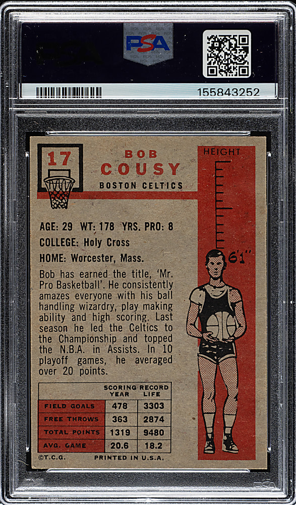 1957-1958 Topps Basketball #17 Bob Cousy Rookie PSA EX 5