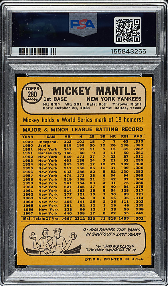 1968 Topps #280 Mickey Mantle PSA EX-MT+ 6.5