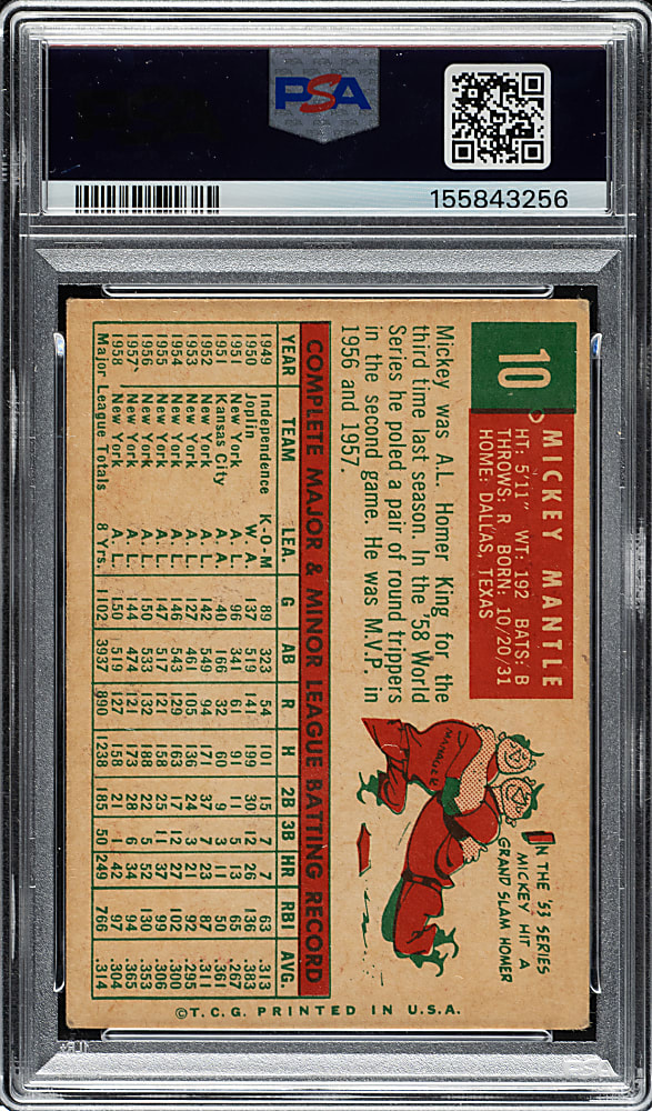 1959 Topps #10 Mickey Mantle PSA VG 3