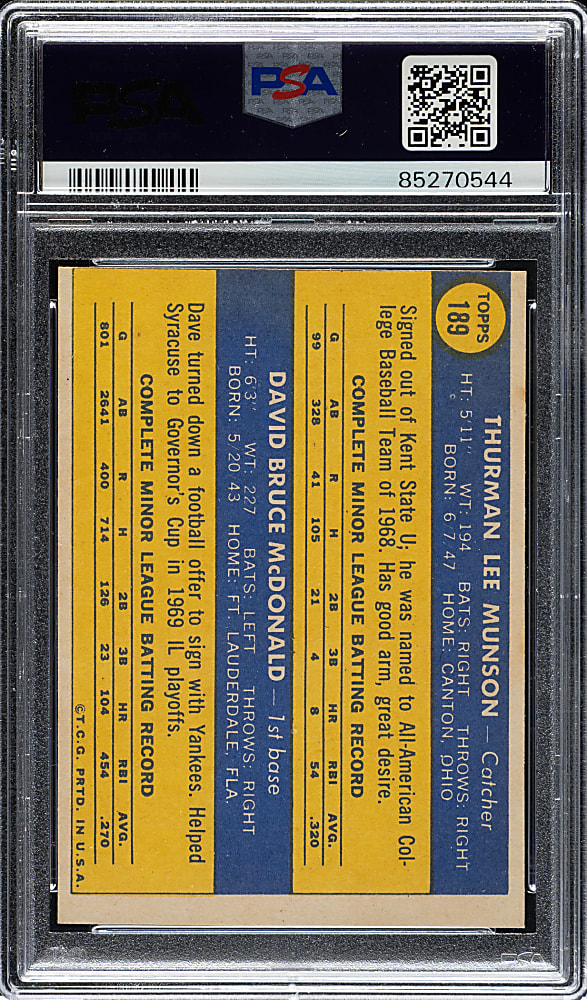 1970 Topps #189 Thurman Munson Rookie PSA NM-MT 8 (OC)