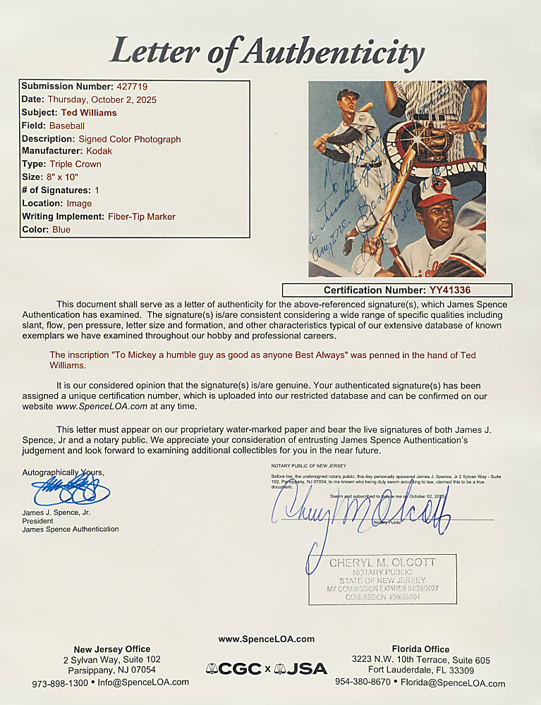 Ted Williams Signed Photograph - PSA/DNA and JSA