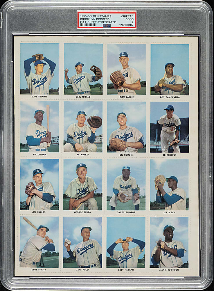 1955 Golden Stamps Brooklyn Dodgers Complete Uncut Sheet with Jackie Robinson, Duke Snider, and Gil Hodges PSA GOOD 2
