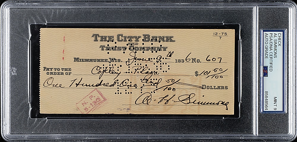 1936 Al Simmons Signed Check PSA/DNA MINT 9