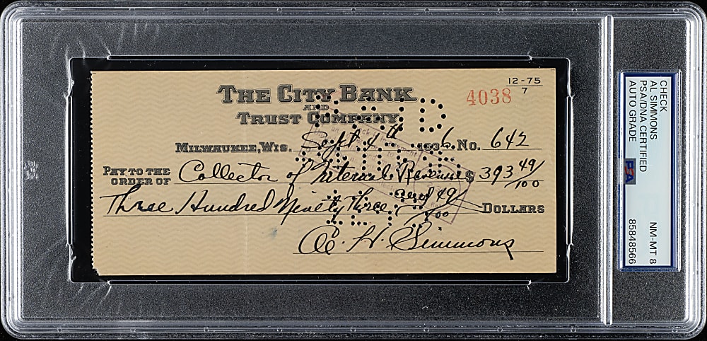 1936 Al Simmons Signed Check PSA/DNA NM-MT 8
