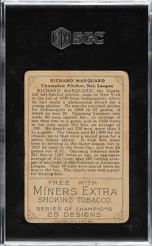 1912 T227 "Series of Champions" Rube Marquard (Miners Extra) SGC POOR 1