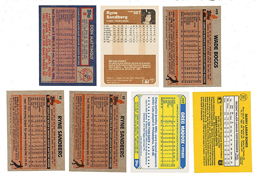 1983 to 1987 Topps, Fleer, and Donruss Hall of Fame and Star Rookie Collection (7) Including Don Mattingly, Wade Boggs, and Greg Maddux