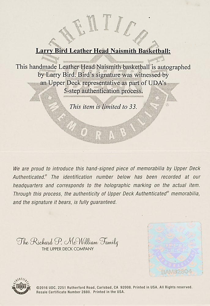 Larry Bird Signed Limited-Edition Basketball - Upper Deck and JSA