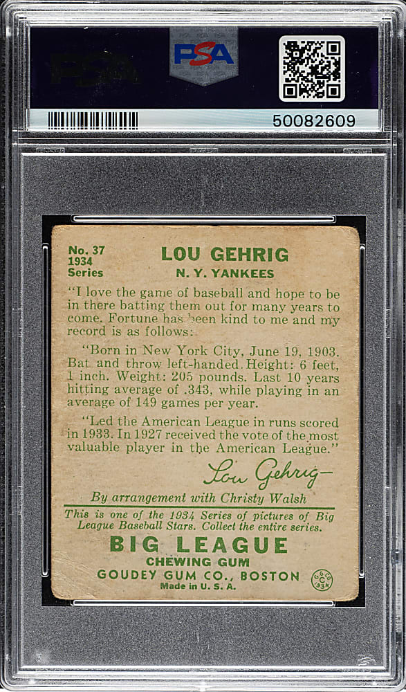 1934 R320 Goudey #37 Lou Gehrig PSA GOOD 2