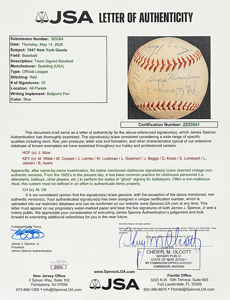 1947 New York Giants Team-Signed Baseball with Johnny Mize and Ernie Lombardi - JSA