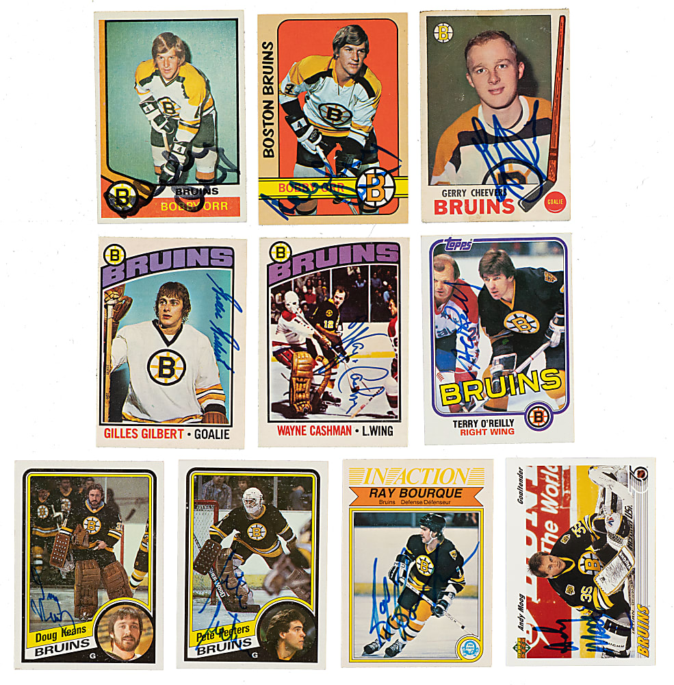 Signed 1969 to 1991 Topps, O-Pee-Chee, and Upper Deck Hockey Collection (10) Including Bobby Orr, Gerry Cheevers, and Ray Bourque