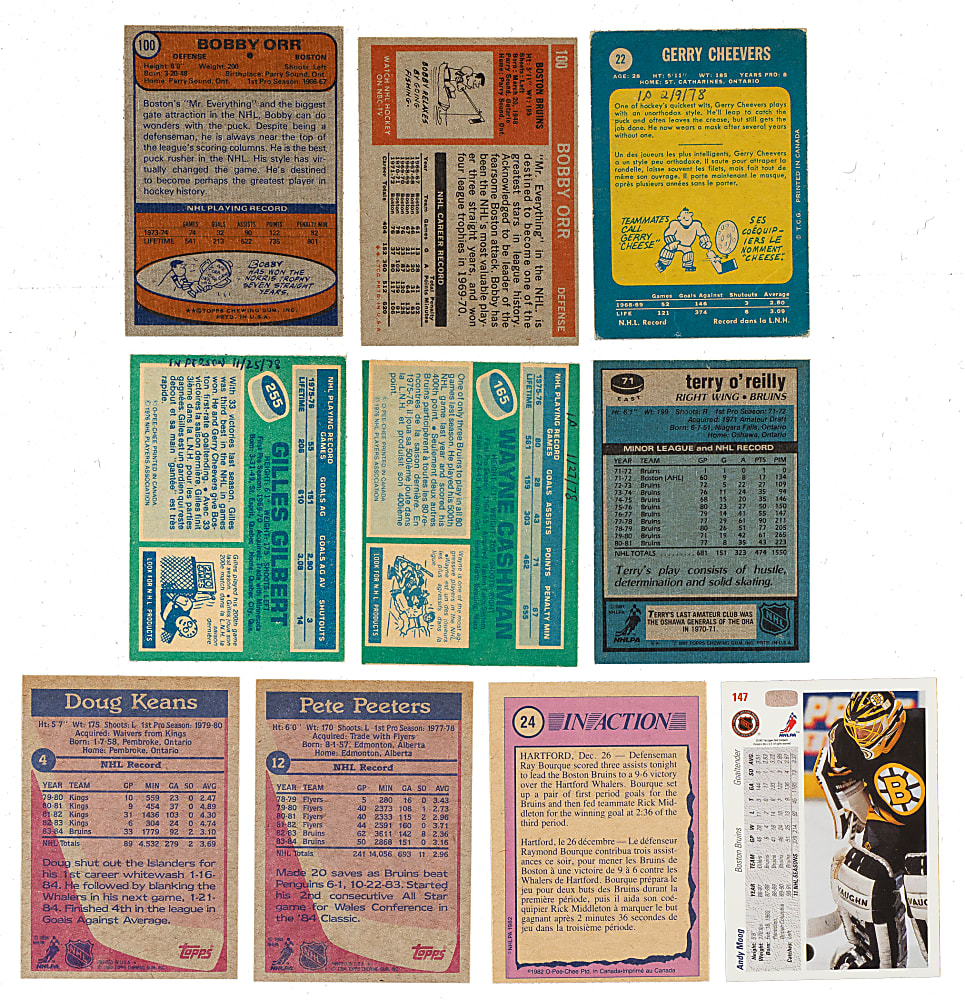 Signed 1969 to 1991 Topps, O-Pee-Chee, and Upper Deck Hockey Collection (10) Including Bobby Orr, Gerry Cheevers, and Ray Bourque