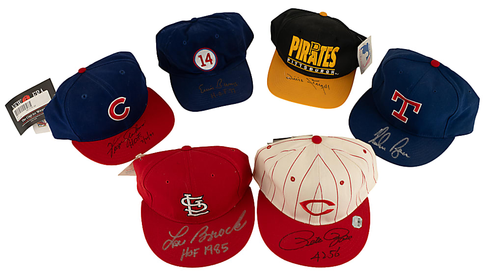 Hall of Fame and Star Signed Cap Collection (6) Including Nolan Ryan, Ernie Banks, and Pete Rose