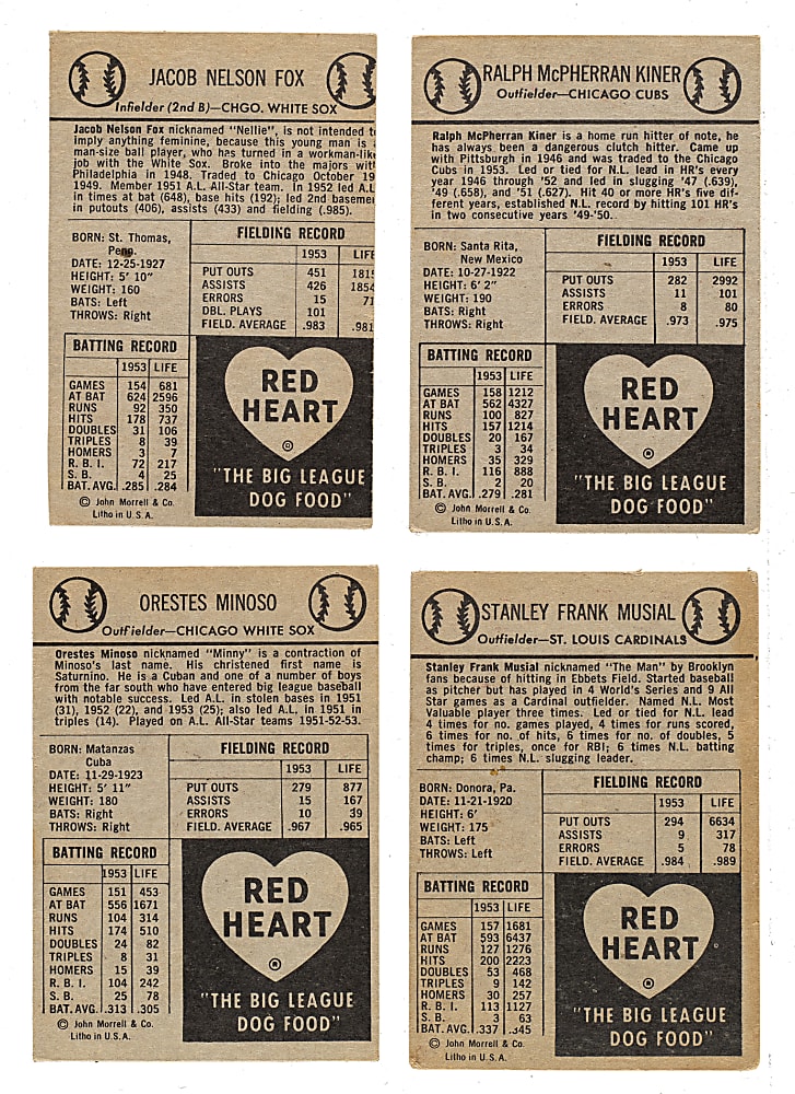 1954 Red Heart Dog Food Hall of Fame Collection (4): Minnie Minoso, Stan Musial, Ralph Kiner, and Nelson Fox