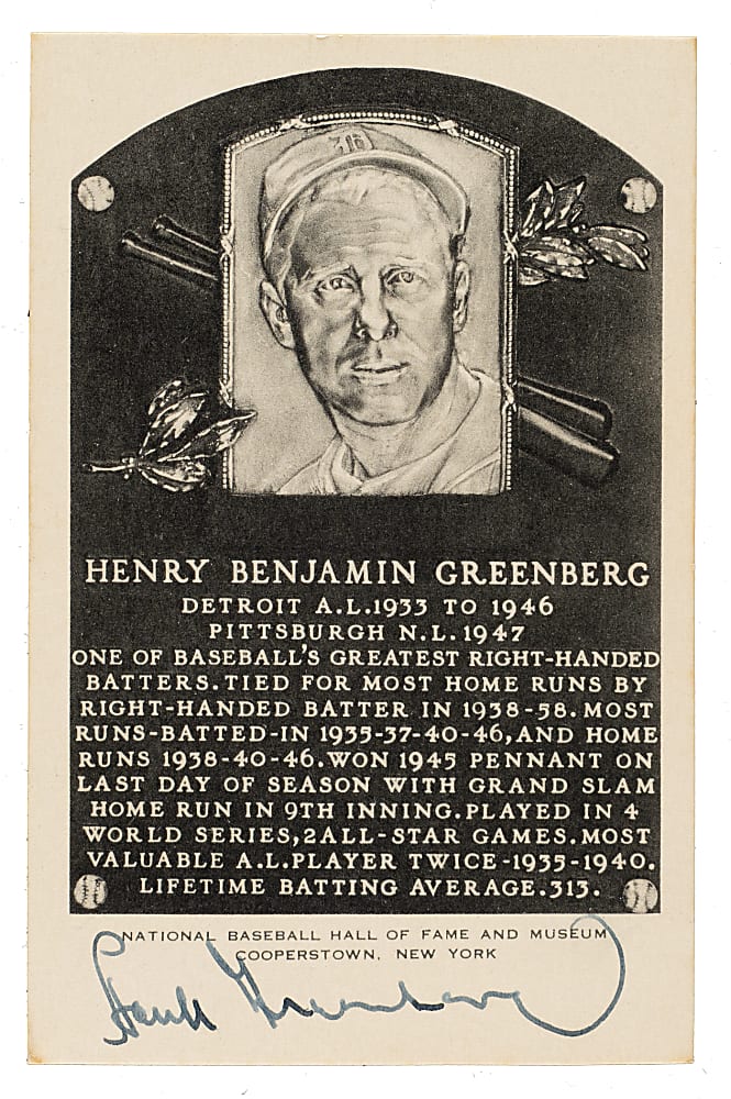 Signed 1956-1963 Artvue (Type 2) Black-and-White Hall of Fame Postcard Hank Greenberg - JSA