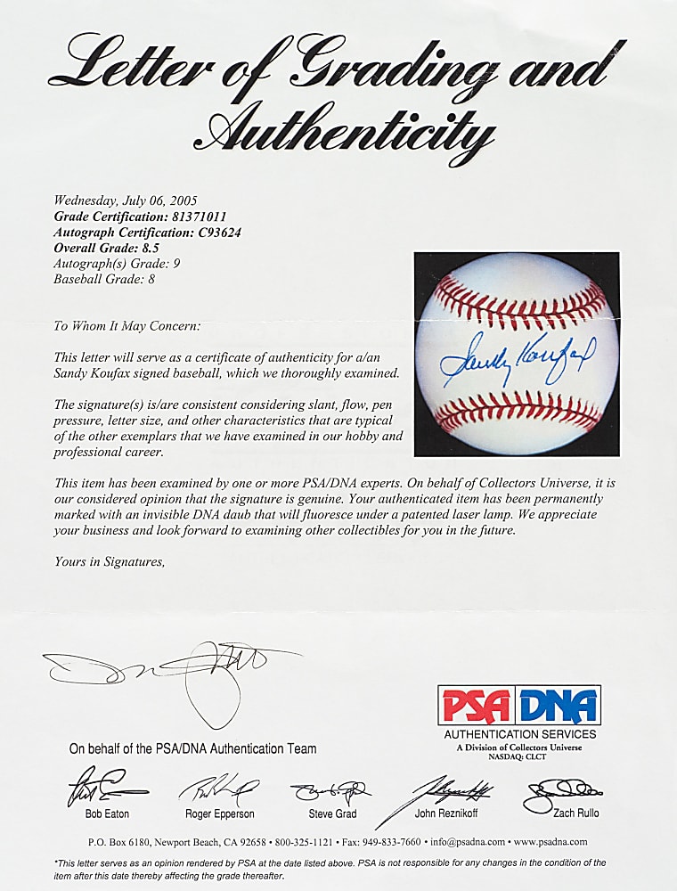 Sandy Koufax Single-Signed Baseball PSA/DNA NM-MT+ 8.5