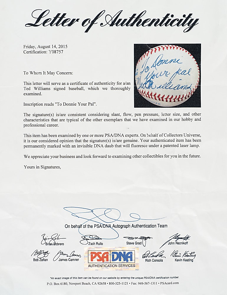Ted Williams Single-Signed Baseball - PSA/DNA