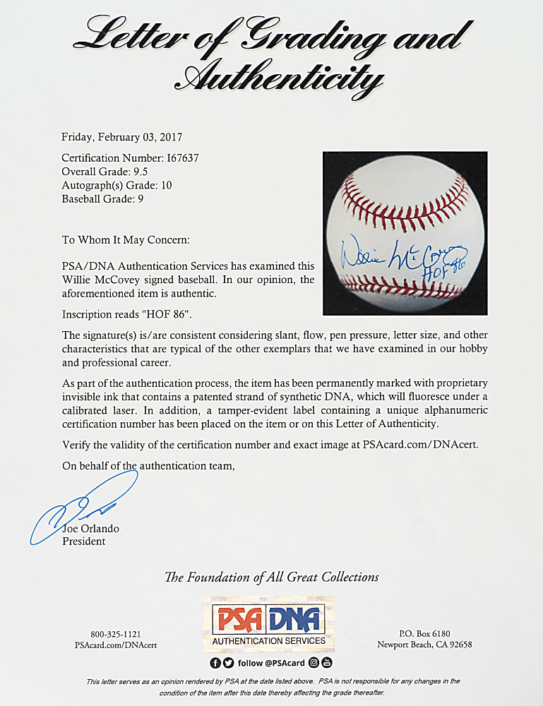 Willie McCovey Single-Signed Baseball with "HOF 86" Inscription PSA/DNA MINT+ 9.5