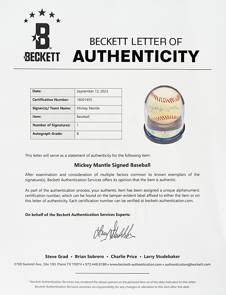 Mickey Mantle Single-Signed Baseball Beckett NM-MT 8