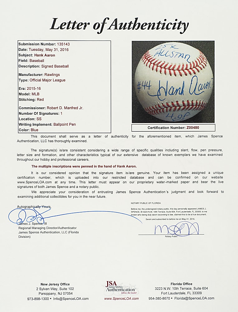 Hank Aaron Single-Signed Baseball with Multiple Inscriptions - JSA