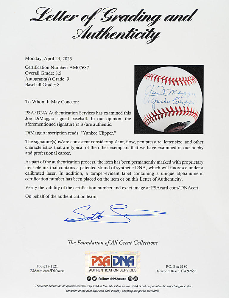 Joe DiMaggio Single-Signed Portrait Baseball with "Yankee Clipper" Inscription PSA/DNA NM-MT+ 8.5