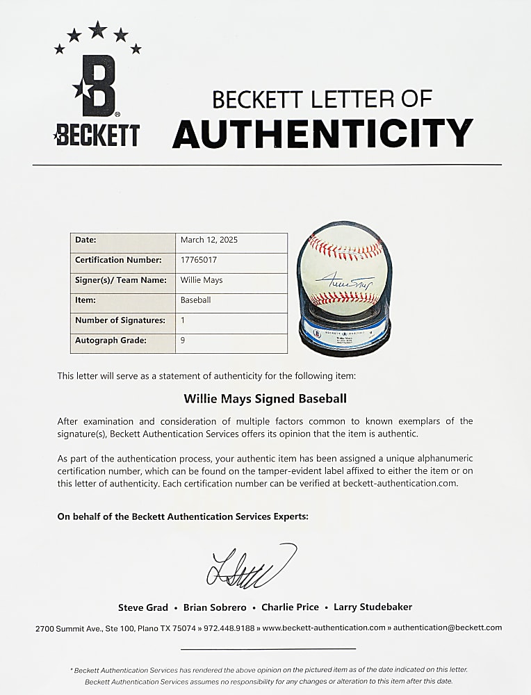 Willie Mays Single-Signed Baseball Beckett MINT 9