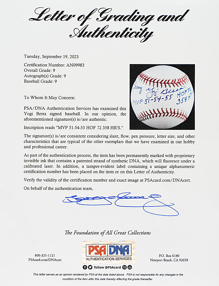 Yogi Berra Single-Signed Baseball with Multiple Inscriptions PSA/DNA MINT 9