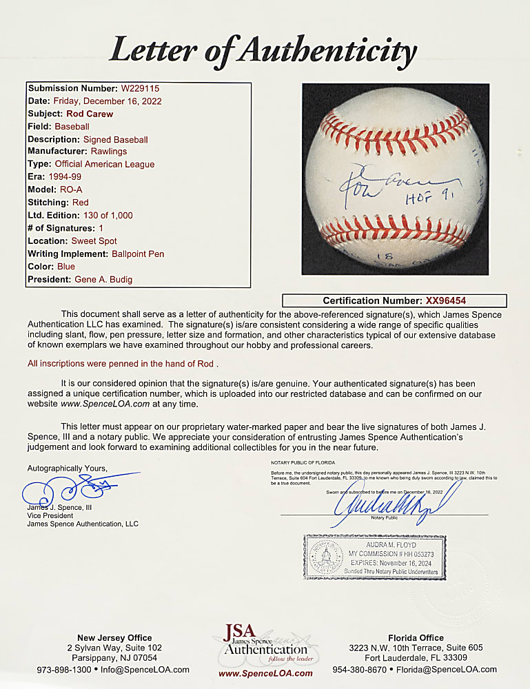 Rod Carew Single-Signed Limited-Edition Stat Baseball - JSA