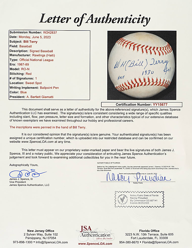 Bill Terry Single-Signed Baseball with "401", "HOF", and "1930" Inscriptions - JSA