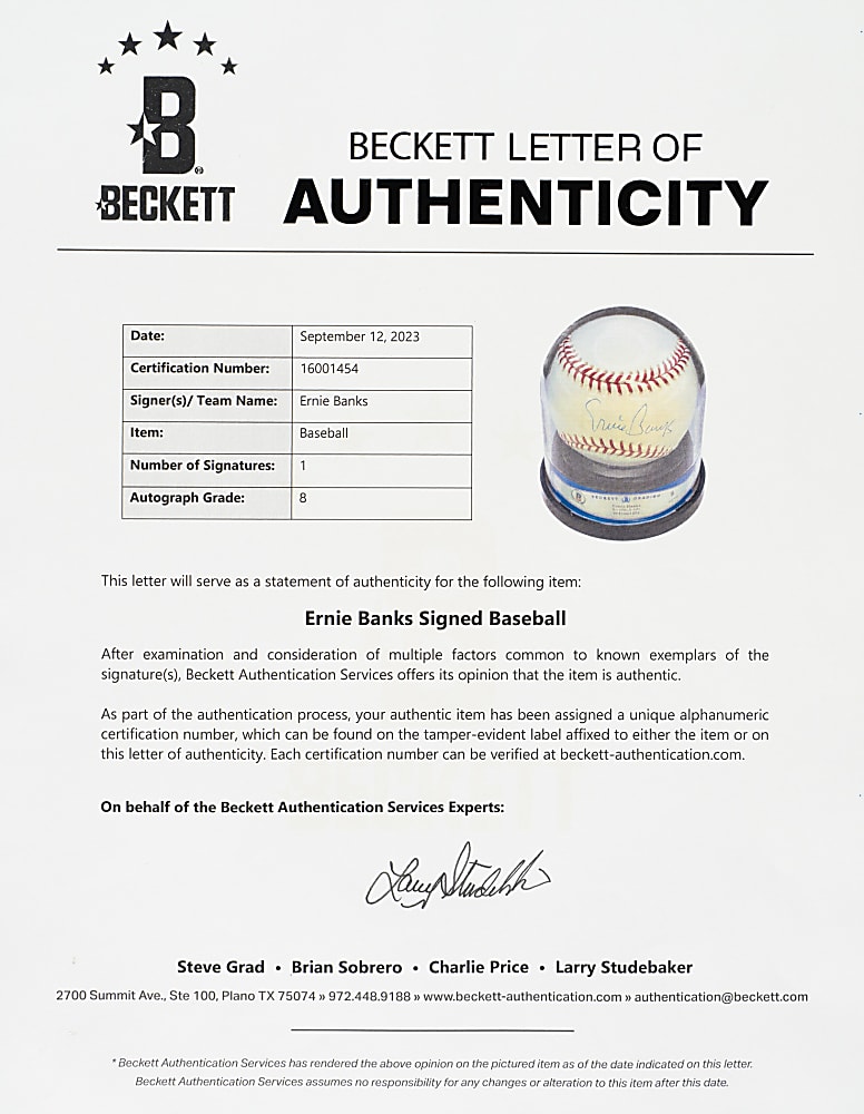 Ernie Banks Single-Signed Baseball Beckett NM-MT 8