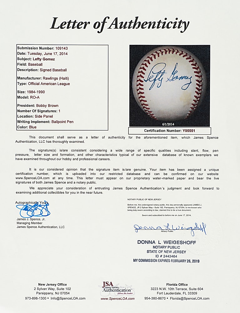 Lefty Gomez Single-Signed Baseball - JSA