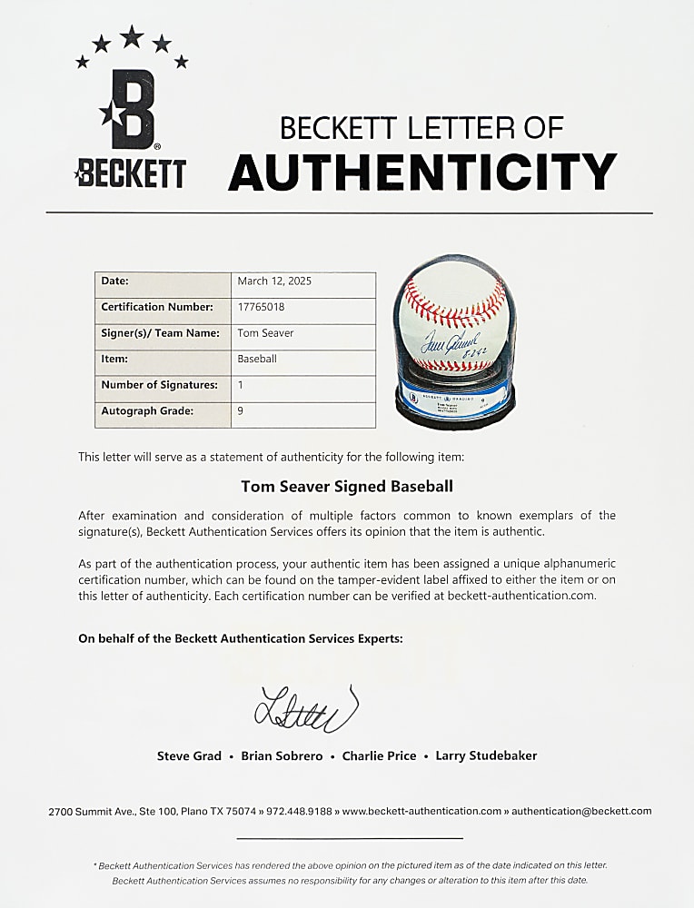Tom Seaver Single-Signed Baseball with "8-2-92" Inscription Beckett MINT 9