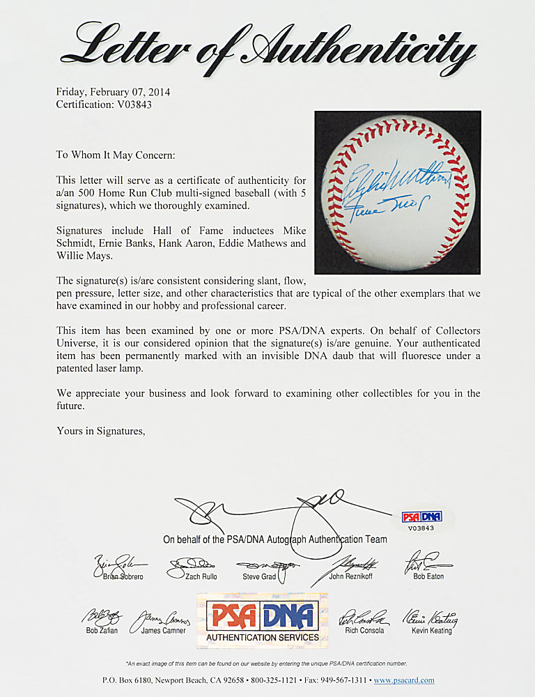 500 Home Run Club Multi-Signed Baseball with 5 Signatures - PSA/DNA