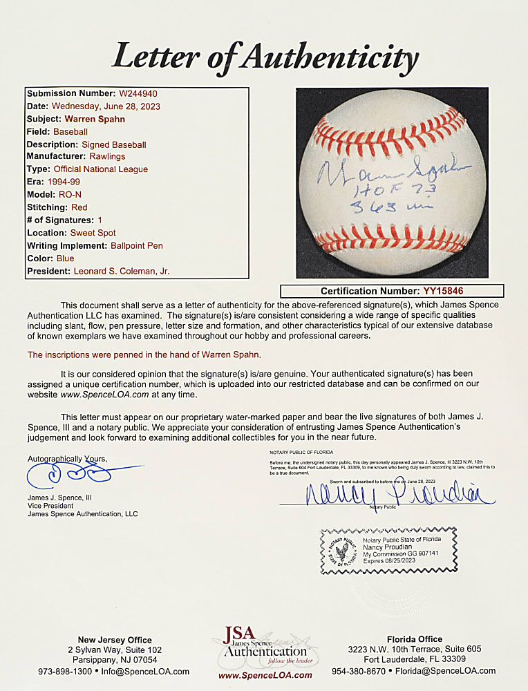 Warren Spahn Single-Signed Baseball with "HOF 73" and 363 Wins" Inscriptions - JSA