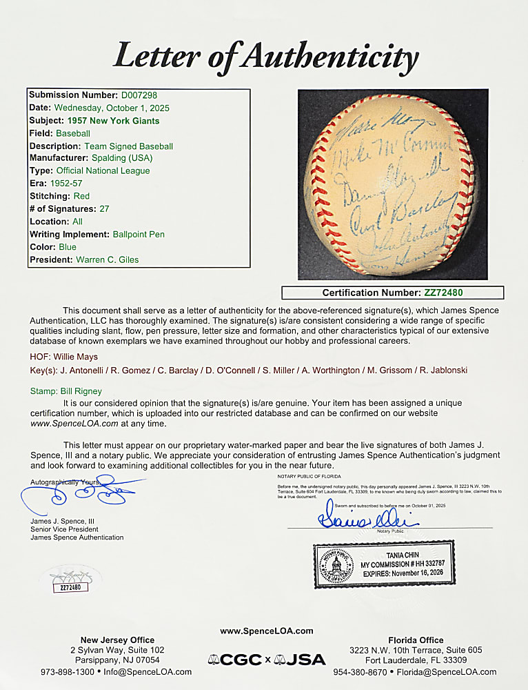 1957 New York Giants Team-Signed Baseball with Willie Mays - JSA