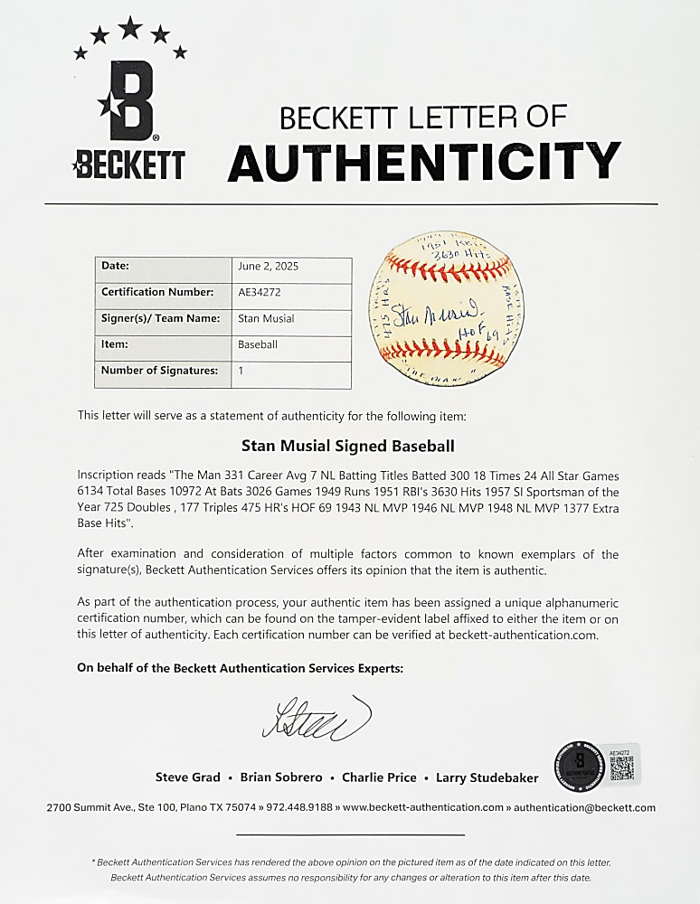 Stan Musial Signed Limited-Edition Stat Baseball - Beckett
