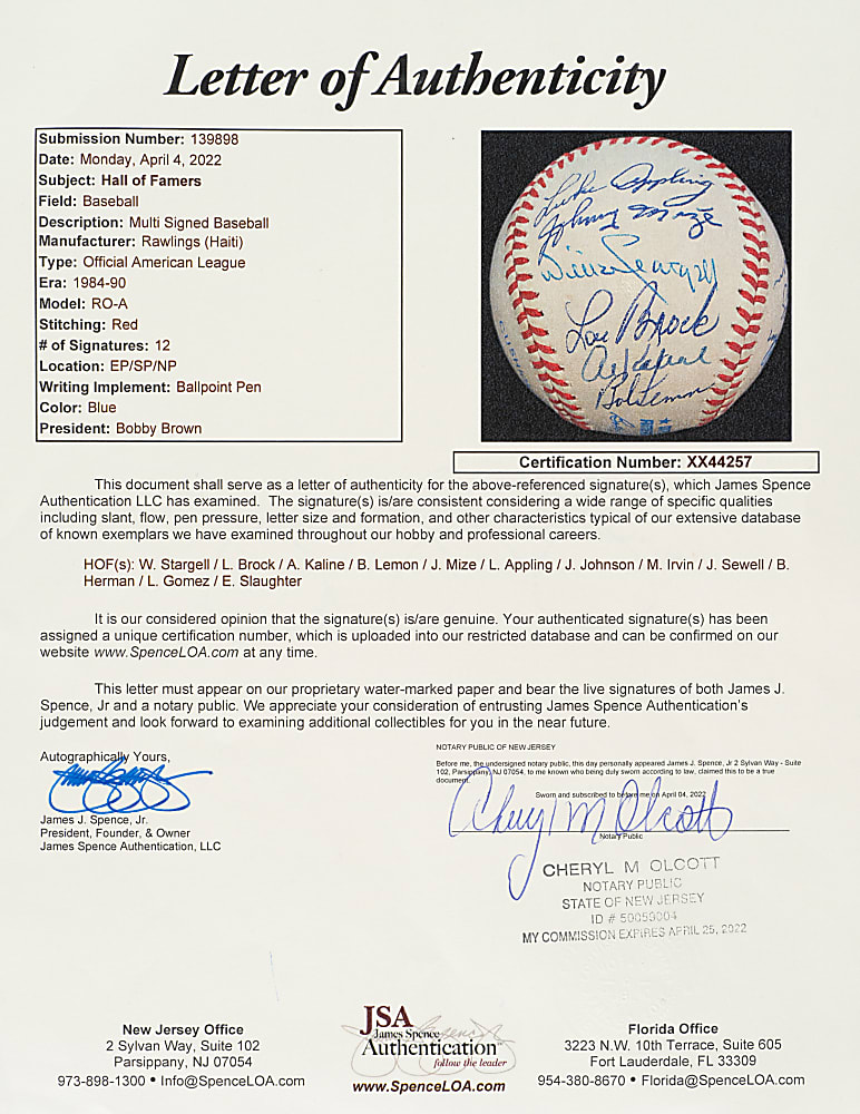 Hall of Fame Multi-Signed Baseball with Willie Stargell, Lou Brock, and Al Kaline - JSA