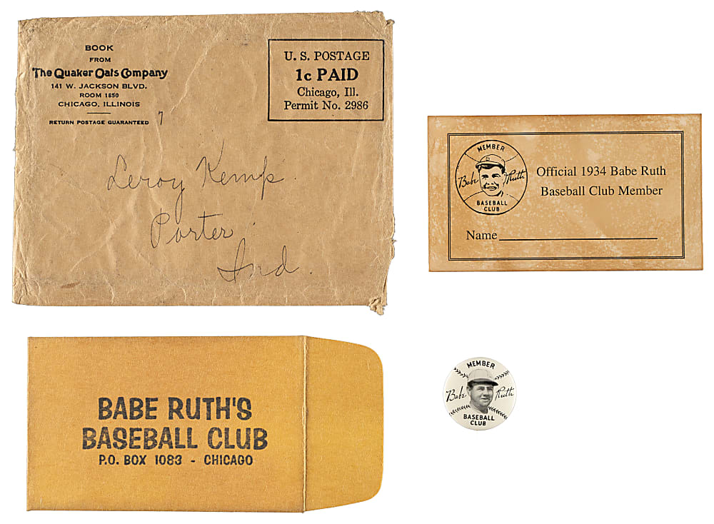 1934 Babe Ruth "Quaker Oats" Membership Pin, Card and Original Envelope
