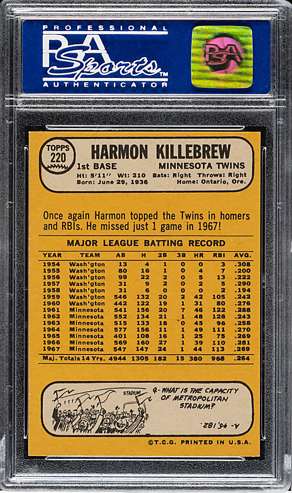 1968 Topps #220 Harmon Killebrew PSA NM-MT 8