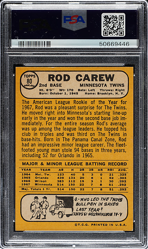 1968 Topps #80 Rod Carew PSA NM-MT 8