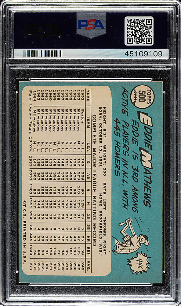 1965 Topps #500 Eddie Mathews PSA NM-MT 8