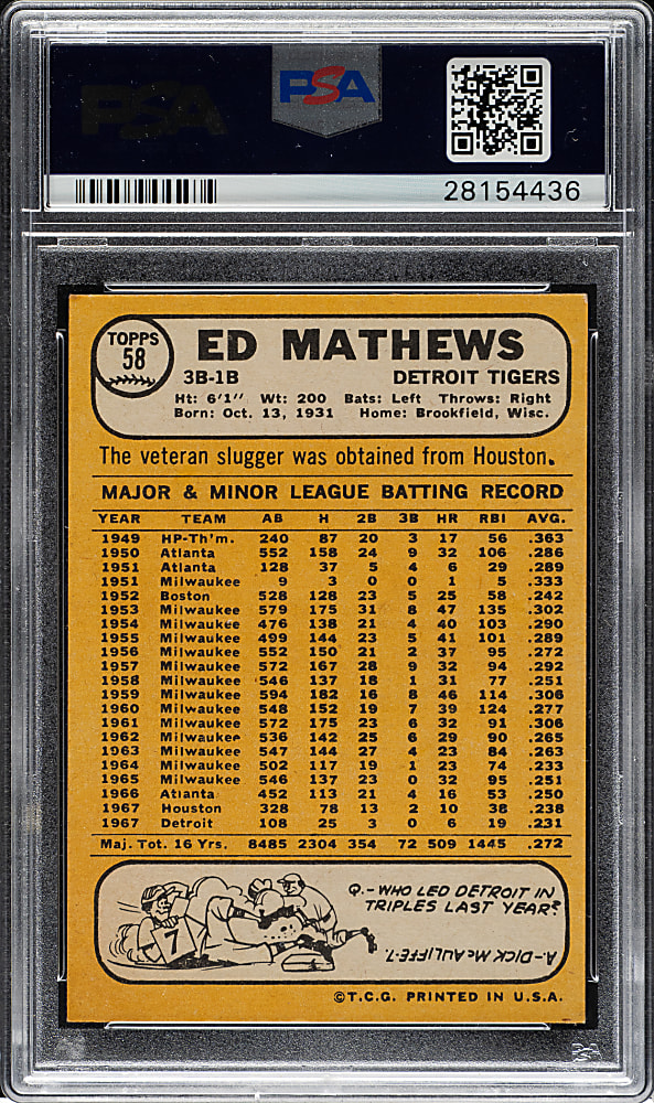 1968 Topps #58 Ed Mathews PSA MINT 9